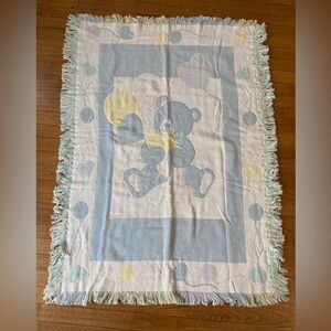 VTG 80s 90s Woven Teddy Bear Baby Blanket Pastel Hearts & Balloons 35x47 Fringe
